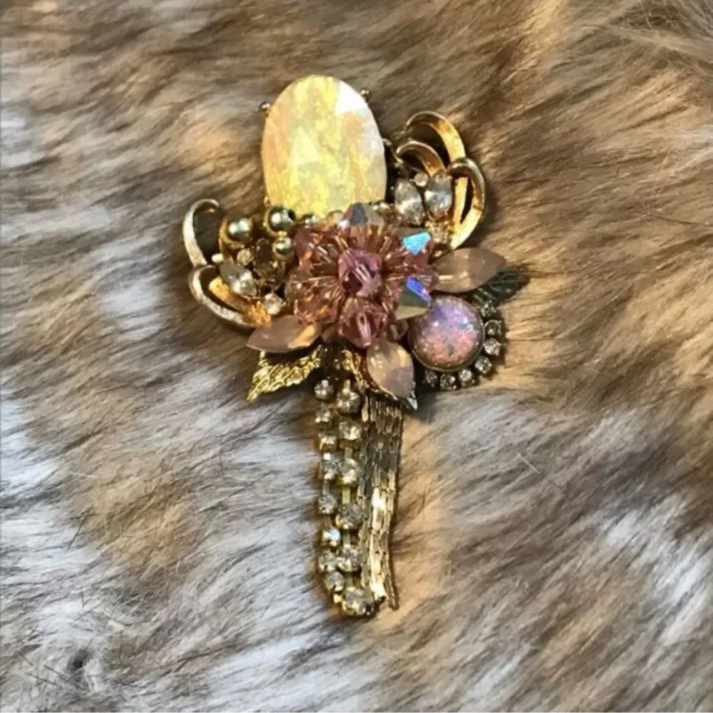 Pink Faux Opal and Gold Beaded Brooch Pin